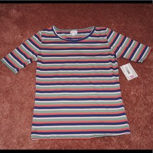 LuLaRoe Gigi in green, navy, pink and taupe stripe